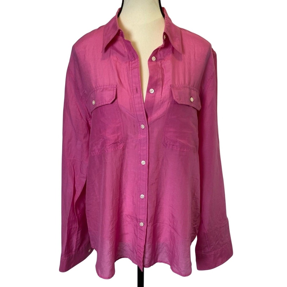 Lauren Ralph Lauren Long Sleeve Button Down Shirt Women's XL Blouse Silk Blend